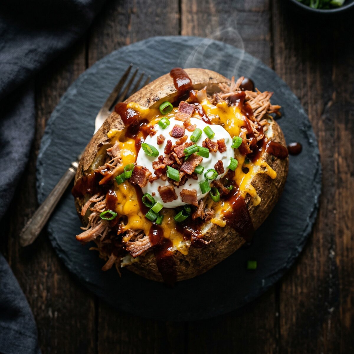 Dirty Potato loaded baked potato with pulled pork, cheese, bacon, and sour cream
