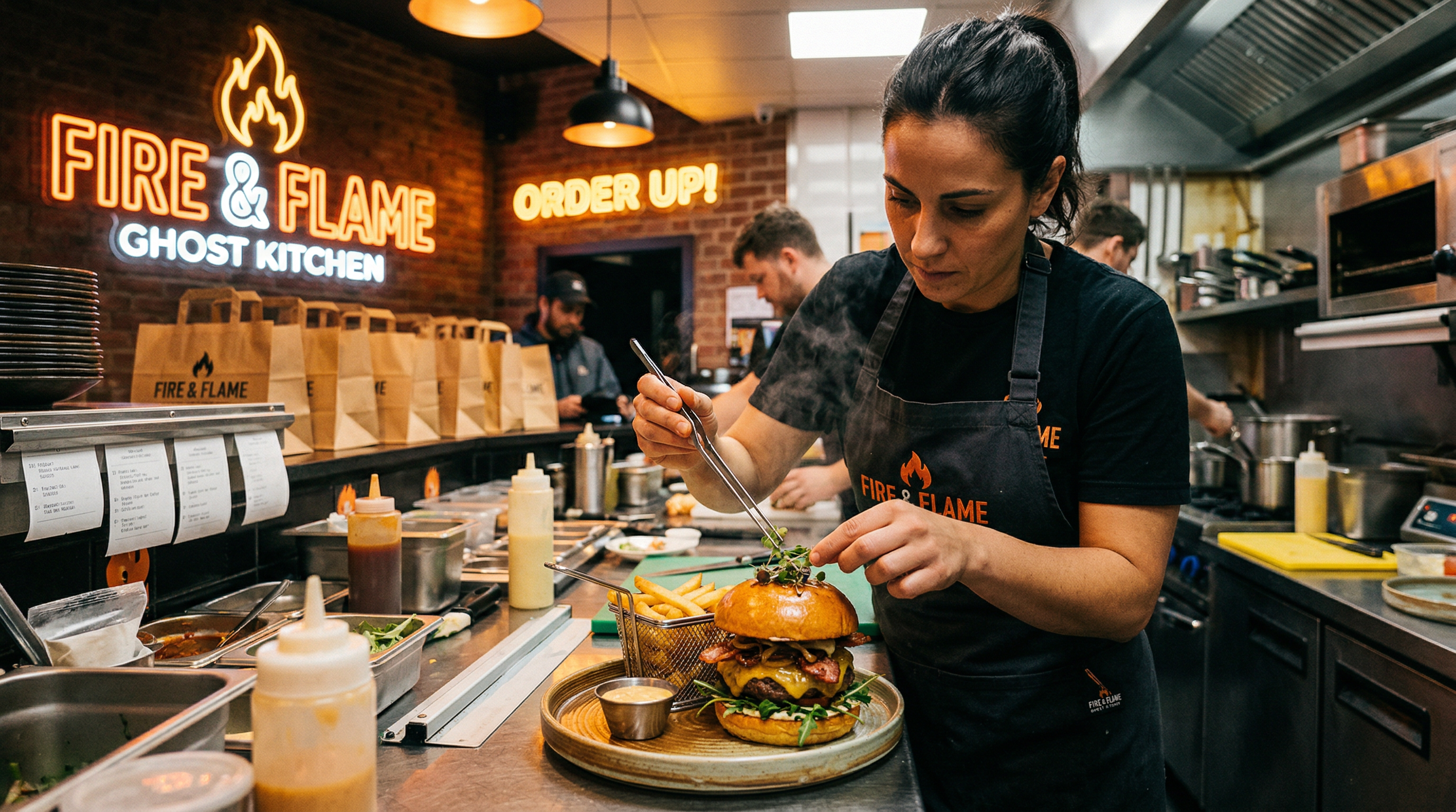 Chef plating a gourmet burger in a professional ghost kitchen
