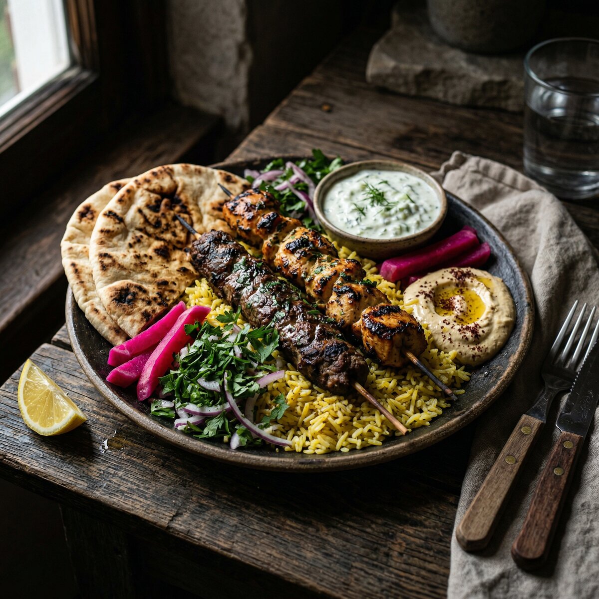 The Kebab Shack Mediterranean kebab plate with grilled meat, saffron rice, pita, tzatziki, and hummus
