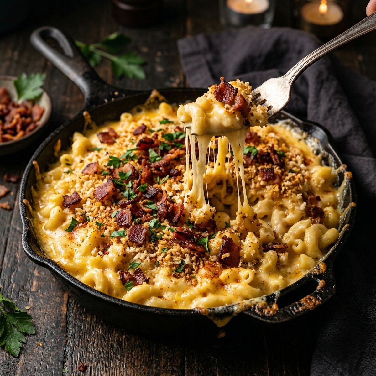 MacCheesys gourmet loaded mac and cheese in cast iron skillet with bacon and cheese pull